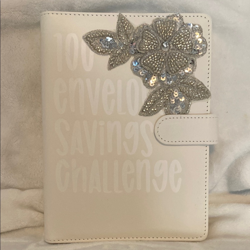 White 100 Envelope Savings Challenge Binder with Silver Floral Design